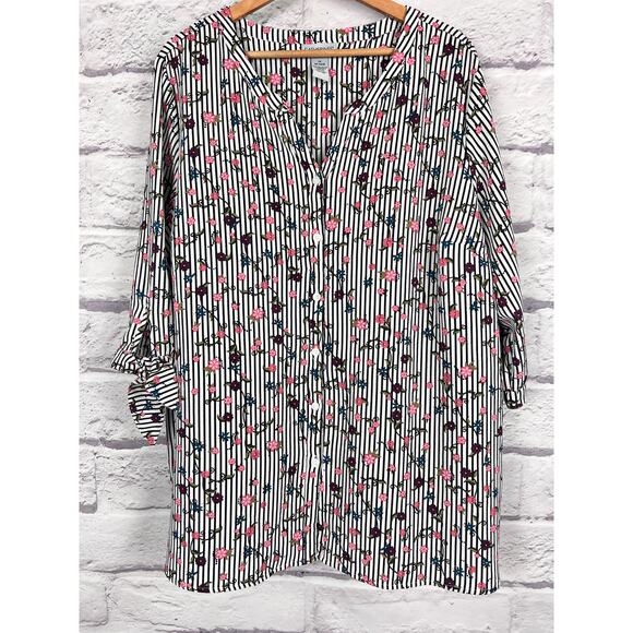 Catherines Womens 1X Feminine Bloomcore Preppy Artsy Floral Stripe Tunic Blouse - Picture 3 of 11